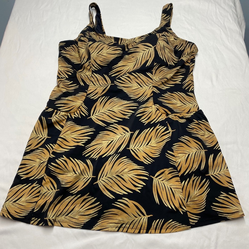 BB Tropics Black Gold Metallic Palm Leaf Print Swim Dress Plus Size 26 One Piece